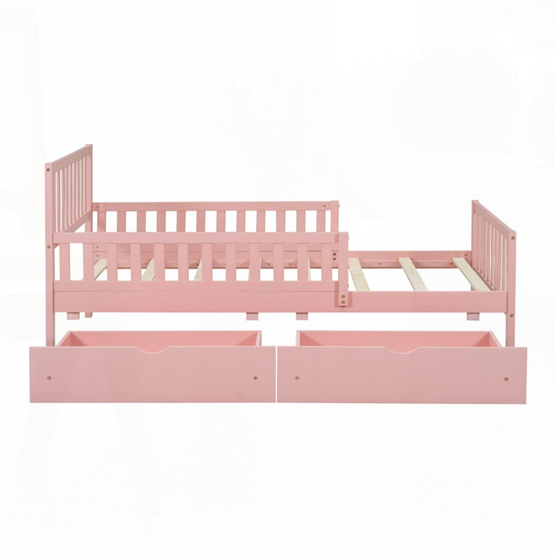 Lit plateforme en bois avec garde-corps et tiroirs, Simple, Rose