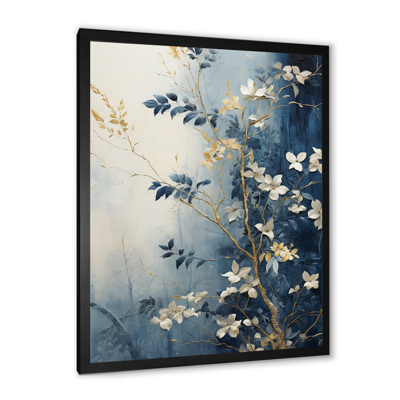 «Abstract Gold and Blue Botanical», reproduction sur toile, Cadre simple noir, H 32 po x l 16 po x P 1 po
