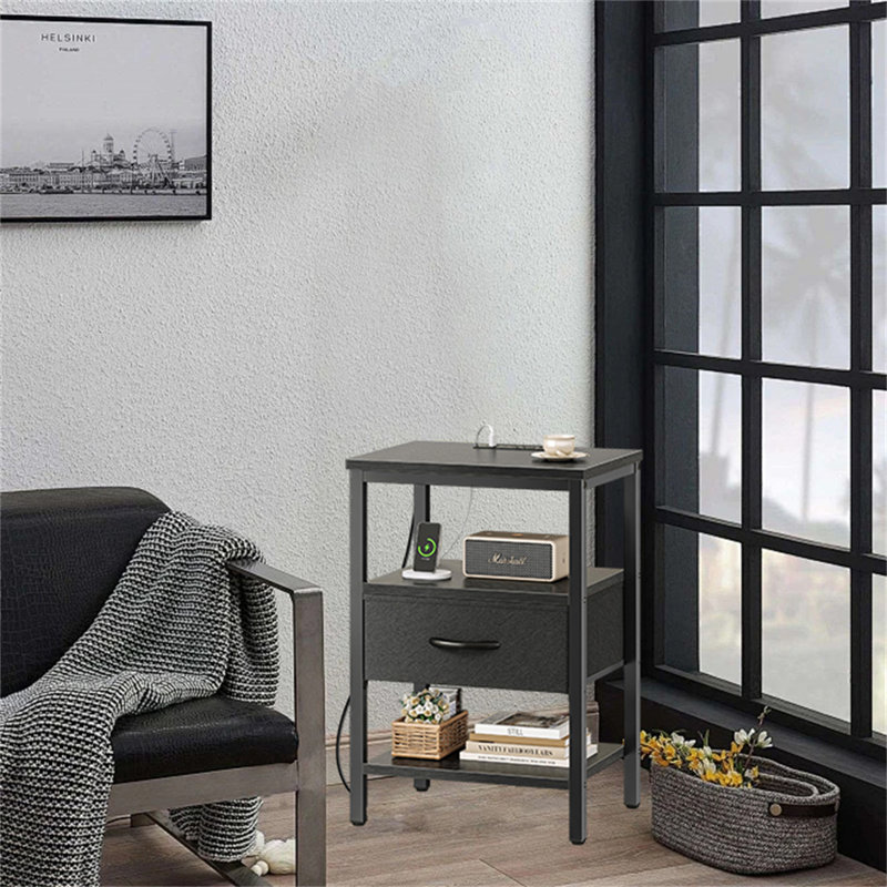 Multi-Functional Bedside Table With Charging Station & Adjustable Fabric Drawer, Charcoal Gray
