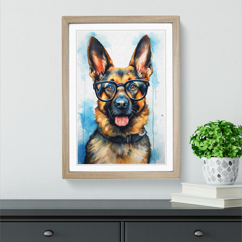 German Shepherd With Glasses - Single Picture Frame Print on Wood, Oak, 64cm H x 46cm W x 2cm D