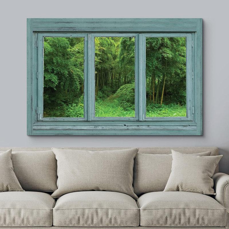 Scène de fenêtre «Vintage Teal Window donnant sur une jungle verte avec un chemin» sur toile, H 32 po x l 48 po
