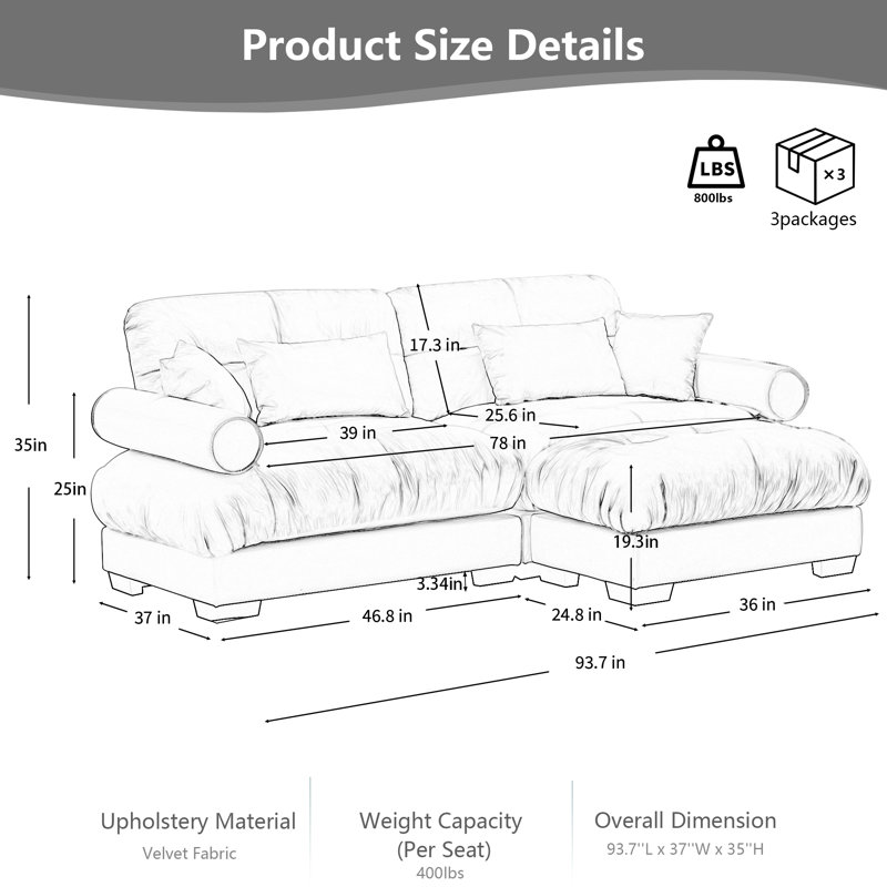 Oversize Modern L-Shape Sectional Sofa Two-Seater with Ottoman, Velvet Upholstery with Round Bolster Armrests, Includes Waist Pillow & Throw Pillows