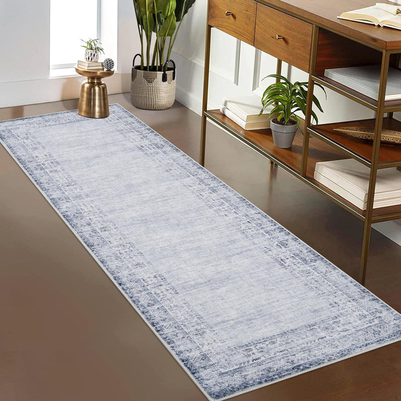 2x6 Washable Vintage Border Runner Rug Non-Slip Low Pile Stain-Resistant Boho Throw Carpet for Kitchen Hallway Living Room Bedroom Taupe/Brown.