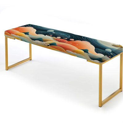 Teal Zen Landscape Harmony - Coastal Upholstered Gold Bench by Design Art