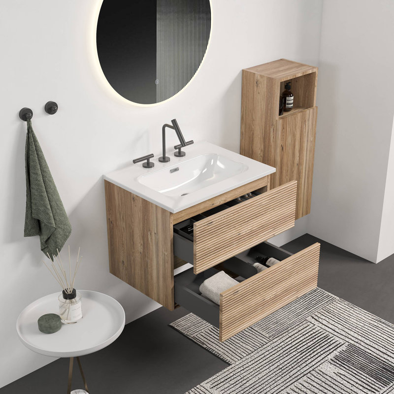Meuble-lavabo mural 24 po avec lavabo intégré en céramique à 3 trous, trop-plein, grand meuble-lavabo flottant avec rangement pour salle de bain moderne, KD