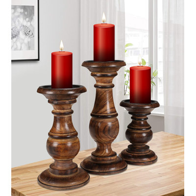 Burnt Finish Wooden Pillar Candle Holders – Set of 3