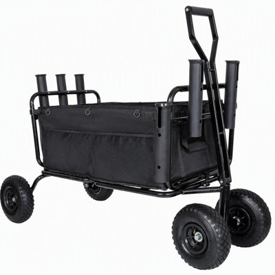 Chariot de pêche, chariot de plage avec roues de 9,85 po, chariot pliable robuste avec porte-cannes et porte-parapluie, chariot utilitaire tout-terrain extérieur, grande capacité de 550 lb, noir