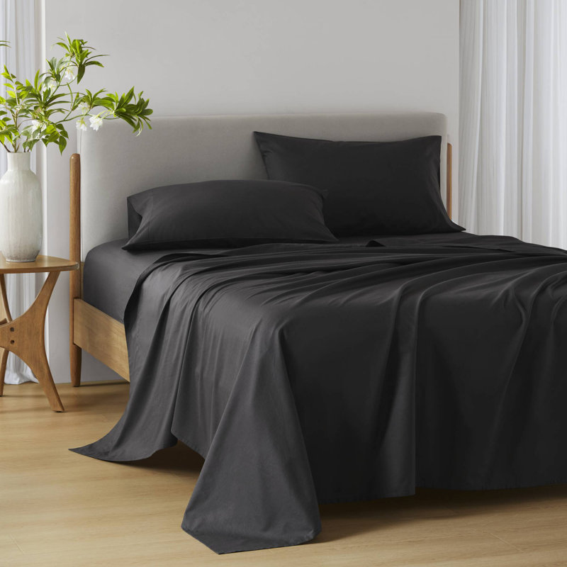 Ensemble de draps 100% coton respirant en coton 144TC, Noir, Ensemble de draps pour grand lit avec 2 taies d'or