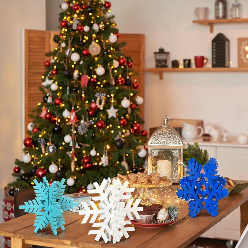 Décoration de table flocon de neige d'hiver - bleu et blanc - panneaux en bois 3D, pièce maîtresse de Noël pour la maison ou les fêtes