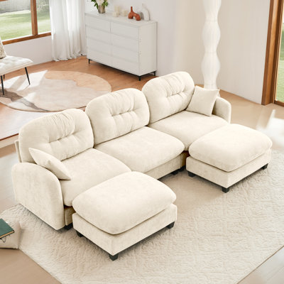 107" 3-seater Sofa Chenille Upholstered Couch With Ottoman And Throw Pillows, Suitable For Living Rooms, Bedrooms, And Offices