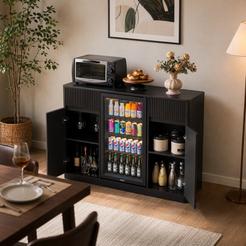 Bar UnaNoxa avec espace pour réfrigérateur et tiroirs à pousser, station café avec centre de chargement, Black