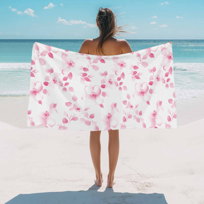 Beach Towel Pink Floral Bath Pool Towels Watercolor Flower Leaf Absorbent Beach Towel Soft Large Quick Dry Lightweight Camping Travel Sports Yoga Gym Swim Towels for Adult 50x60 Inch