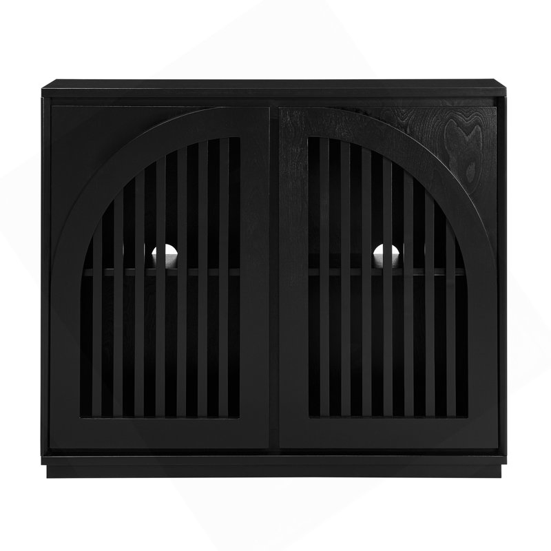 Mid Century Modern Fluted Sideboard Cabinet With 2 Outlet Holes, Buffet Cabinet With Storage, Narrow Side Cabinet For Living Room Entryway Hallway Kitchen Coffee Bar, Black