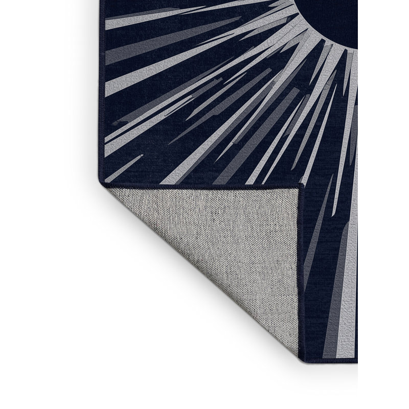 Machine Washable Orys Bold & Eclectic Modern Starburst Rug in Blue – Navy Binding, 7 x 9