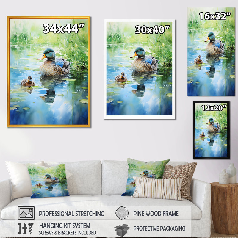 Duck Pond Reflections II - Canard, art mural, H 20 po x l 12 po x P 1 po, Cadre simple noir