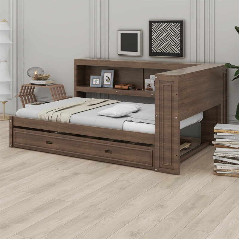 Wood Daybed With Storage Shelves, USB, LED, And Trundle, Antique Wood
