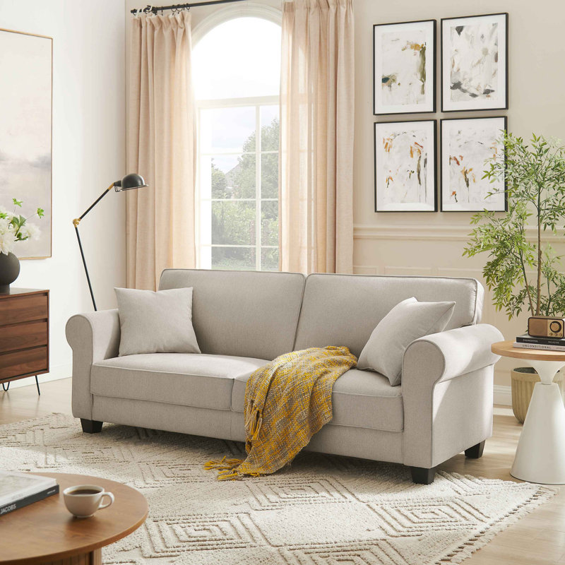 Reva 218.9Cm Rolled Arms Sofa, Off White Linen Blend