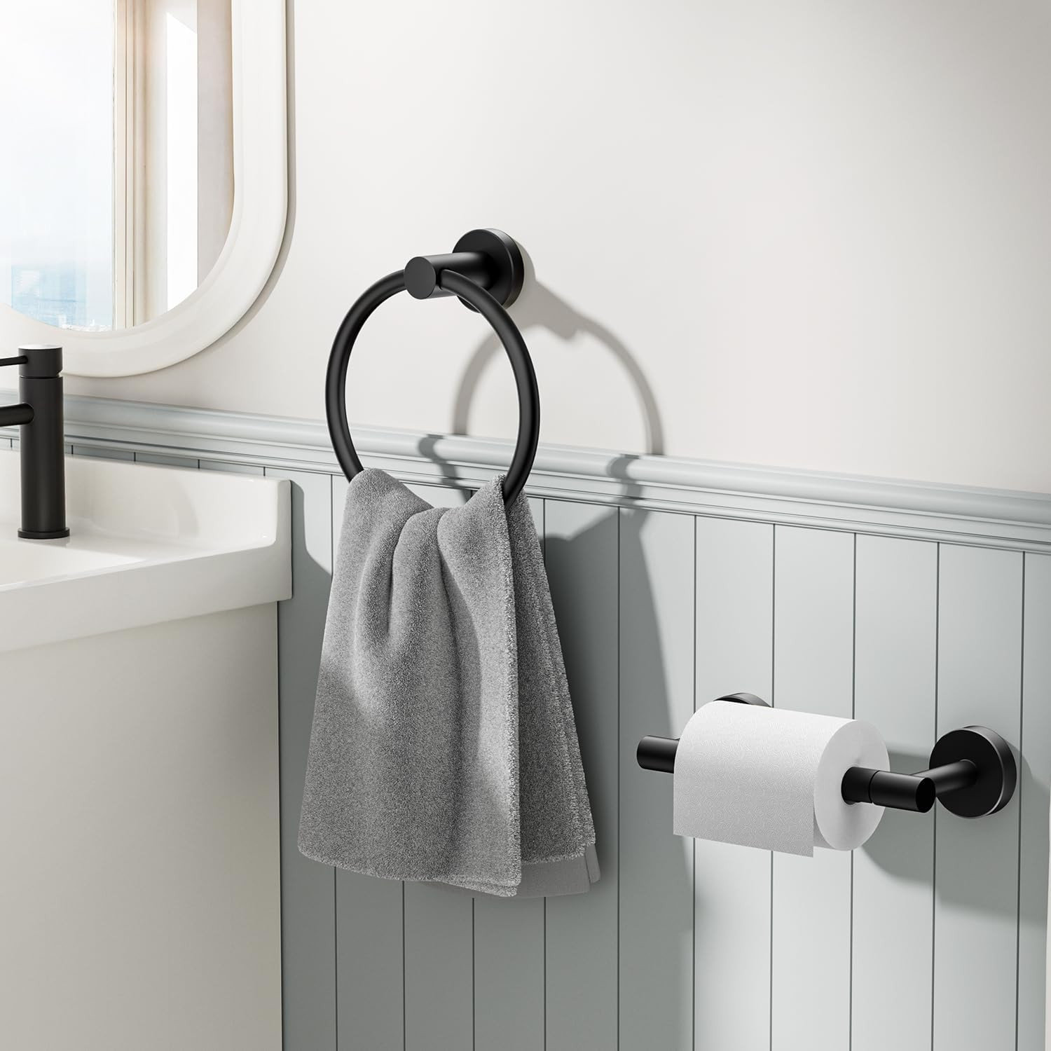 Kayoju 6-Piece Matte Black Bathroom Accessories Set - Stainless Steel Towel Bars, Toilet Paper Holder With Shelf, Hooks - View #3