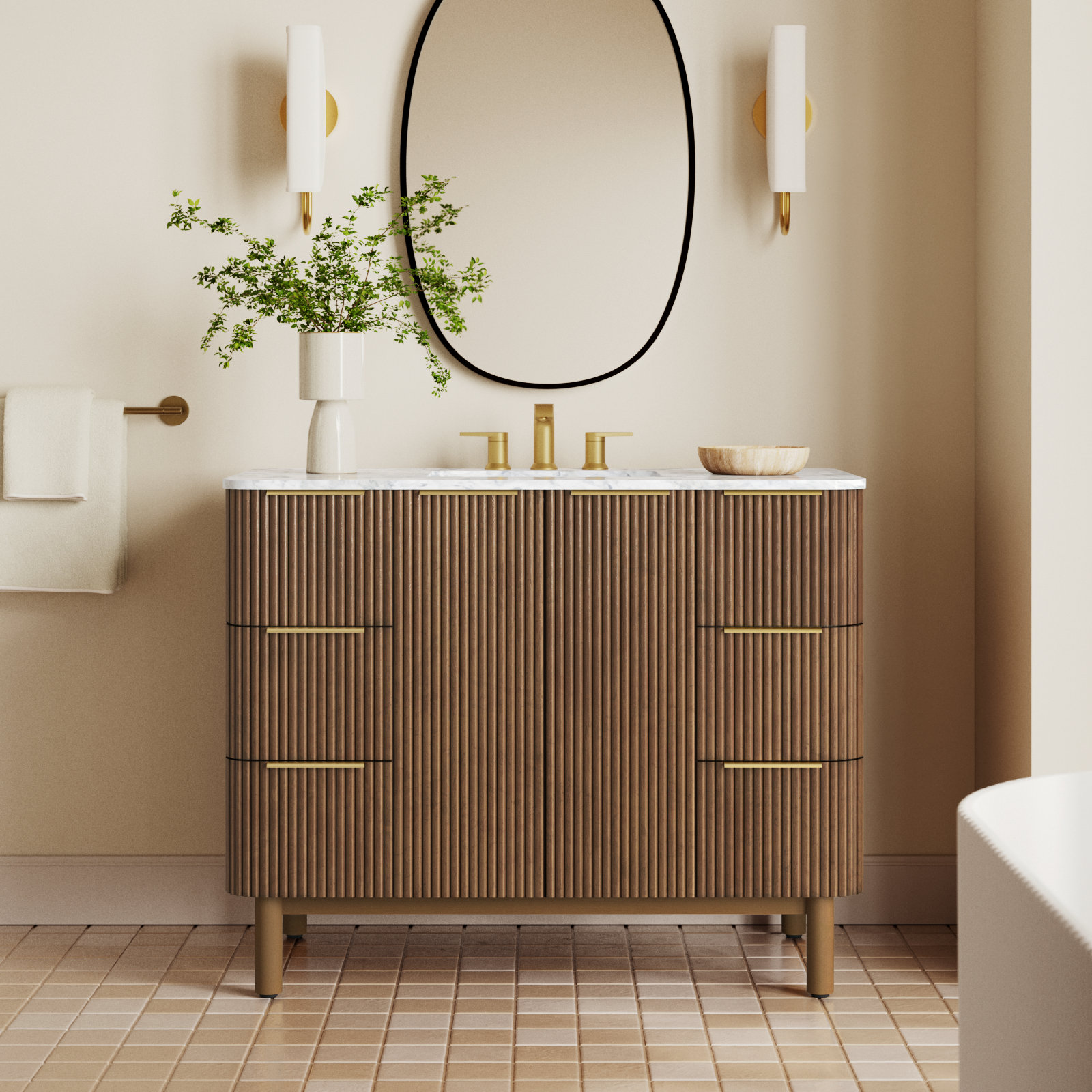 Nova 42" Carrara Marble Single Bathroom Vanity, Brown Reeded Birch