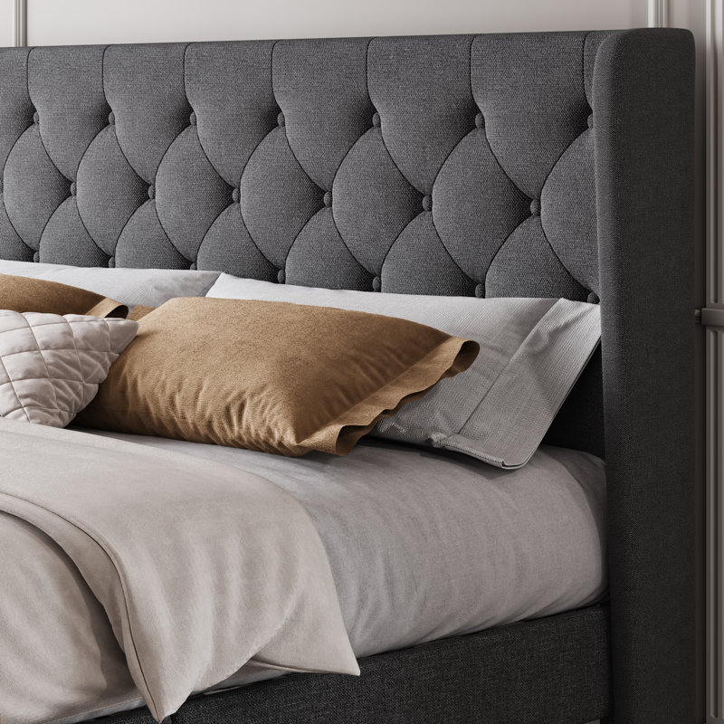Bertillo Tufted Upholstered Low Profile Platform Bed with Wingbacks, King, Dark Gray