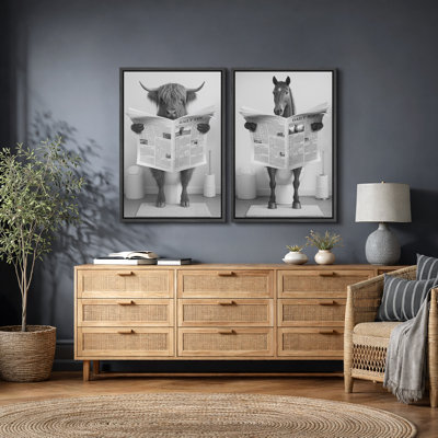 Black and White Cow and Horse Reading Newspaper Humor Art - Pictures Framed Canvas Print 2 Pieces Wall Art