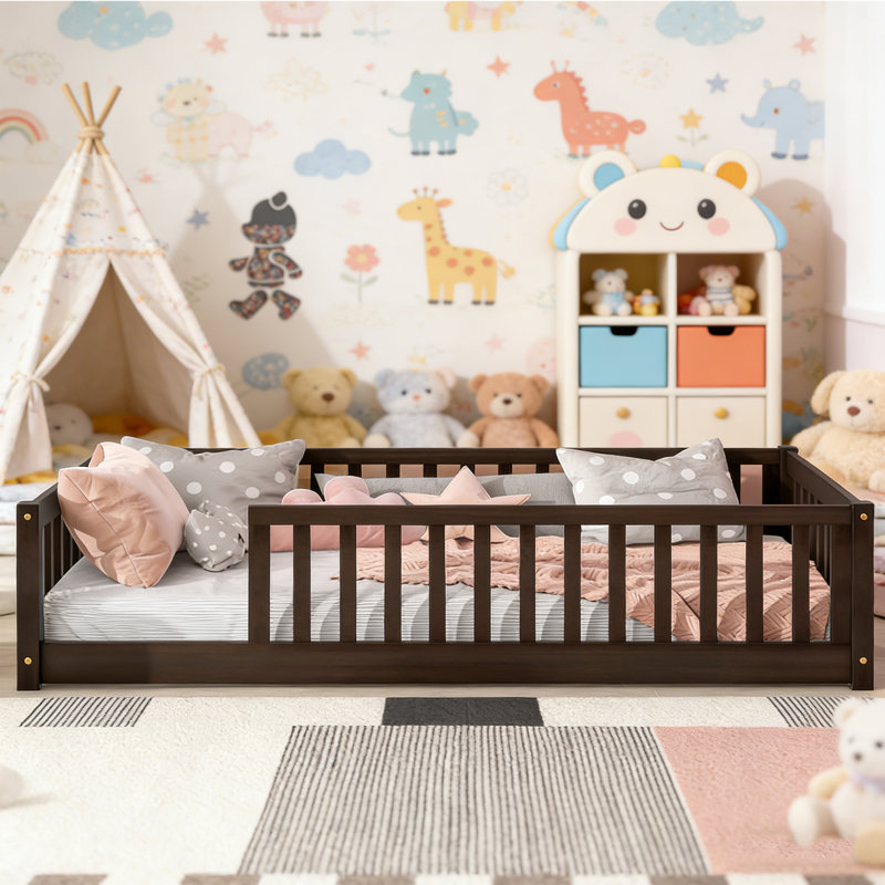 Twin Size Solid Wood Kids Floor Platform Bed for Toddler Bed Transition with Fence, No Door Included, Espresso