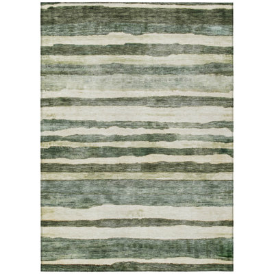 3' X 5' Sage And Beige Striped Washable Indoor Outdoor Area Rug