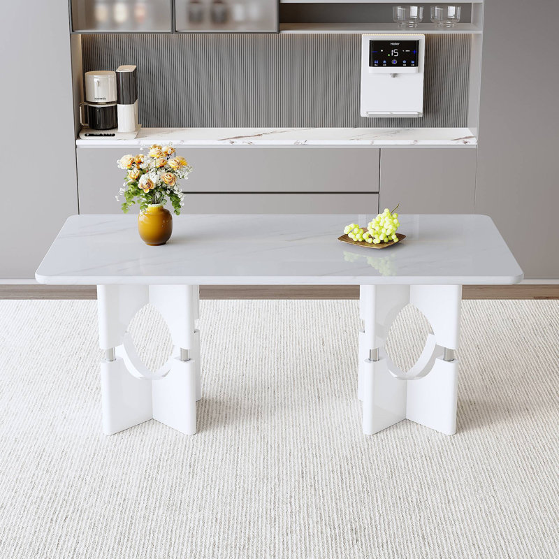 Table de salle à manger moderne en panneau de fibres à densité moyenne avec esthétique en marbre et structure creuse