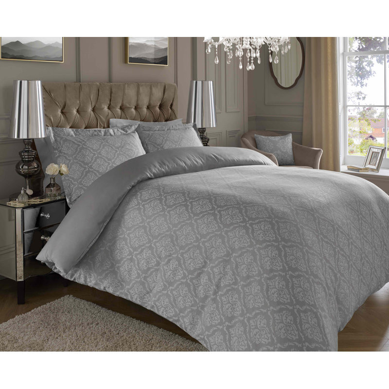 Bria Cotton Blend Damask Duvet Cover Set with Pillowcases Included, Double Duvet Cover + 2 Standard Pillowcases, Grey