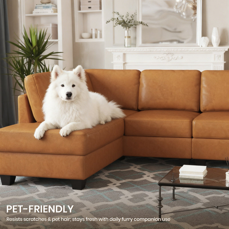 Faux Leather L-Shaped Modular Sectional Sofa, Brown Faux Leather, Left Hand Facing