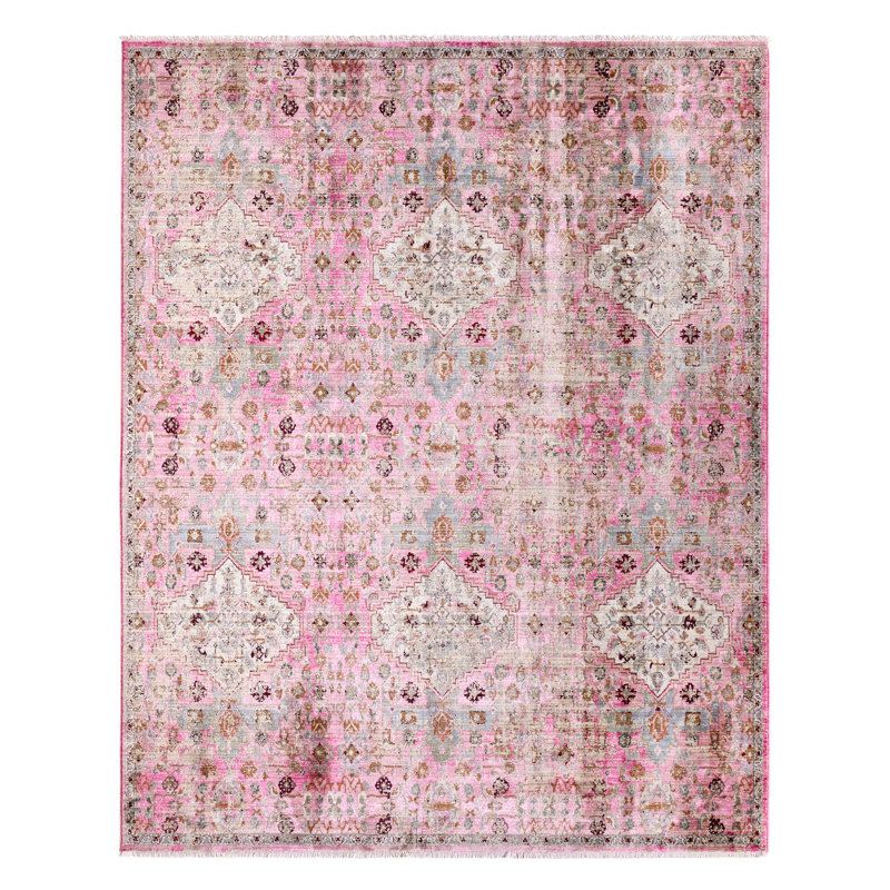Tapis d'intérieur rose / gris à motif d'inspiration rétro Finnuala, Rectangle 8 pi x 10 pi 6 po