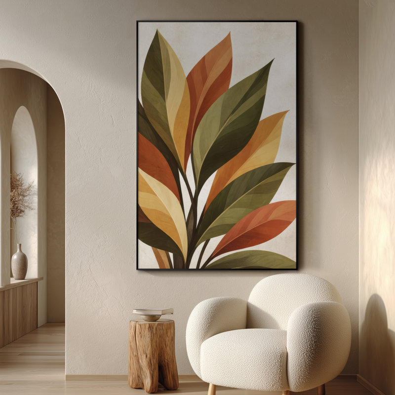 Très grande reproduction d'art sur toile - Feuilles botaniques chaleureuses inspirées de la nature pour le salon ou la chambre à coucher - «Assemblage requis du cadre (cadre non fini)»