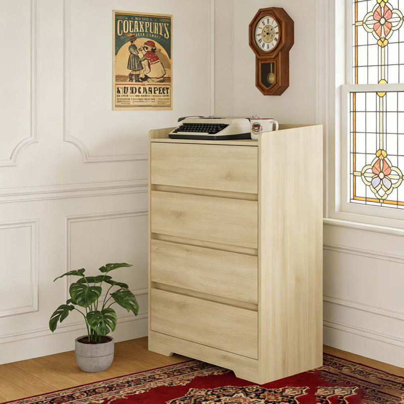 Commode 4 tiroirs, commode sans poignée, Beige