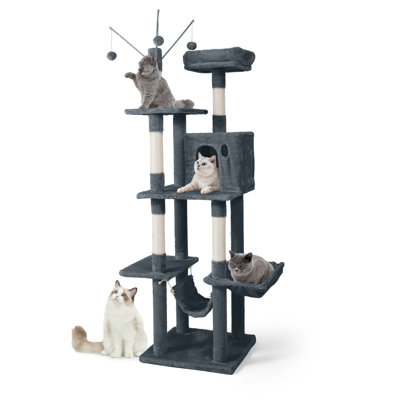 Arbre à chat de 70 pouces de hauteur pour les grands chats d'intérieur ou les chatons, arbre à chat multi-niveaux avec poteaux à griffer, hamac, grotte pour chat et perchoir élargi, gris clair
