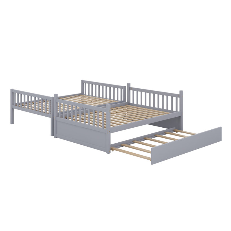 Lit superposé en bois d'hévéa avec lit gigogne, échelle, garde-corps, convertible en 2 lits, Gris