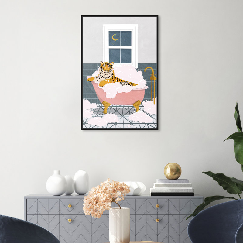 Bath Bath Tiger - peinture à cadre flottant sur toile, H 30 po x l 20 po, Cadre noir