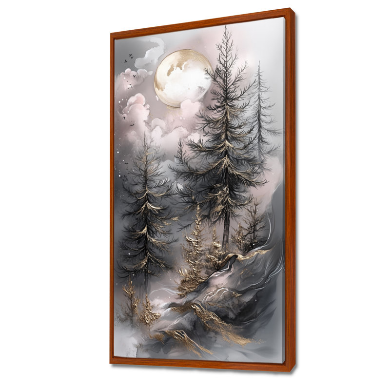 Or gris, pin givré et clair de lune I - Forêt, reproduction encadrée, décoration murale hiver, H 32 po x l 24 po