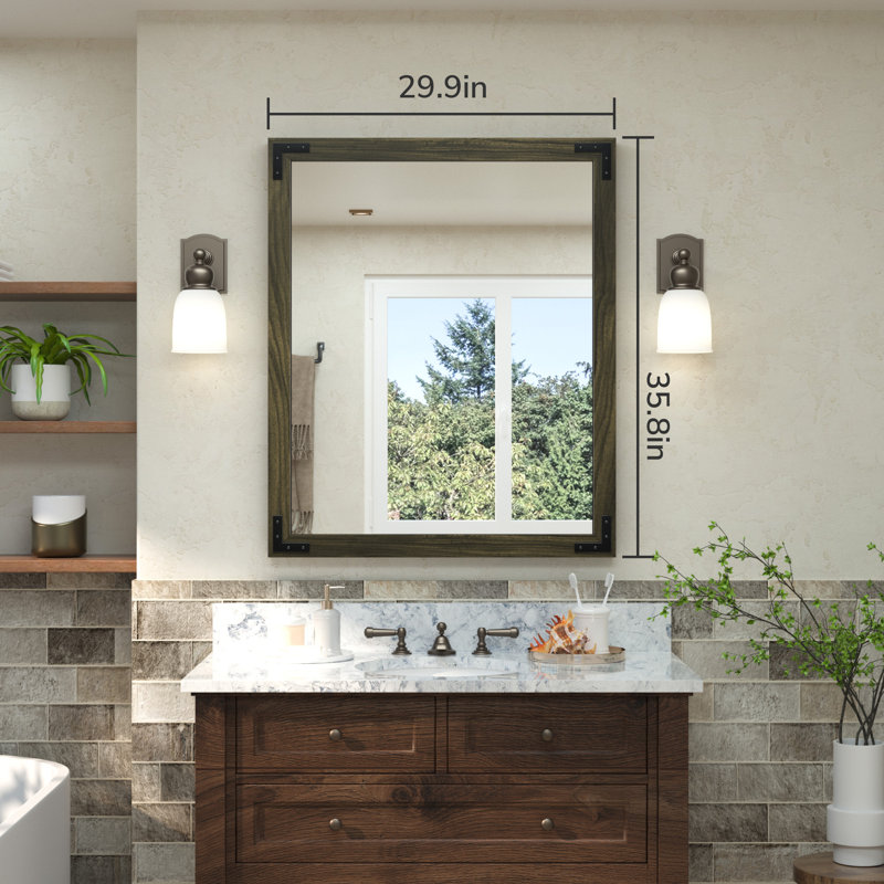 Gwenneth Rectangle Wood Mirror for Bathroom, Solid Pine Wood, 30" x 36", Black