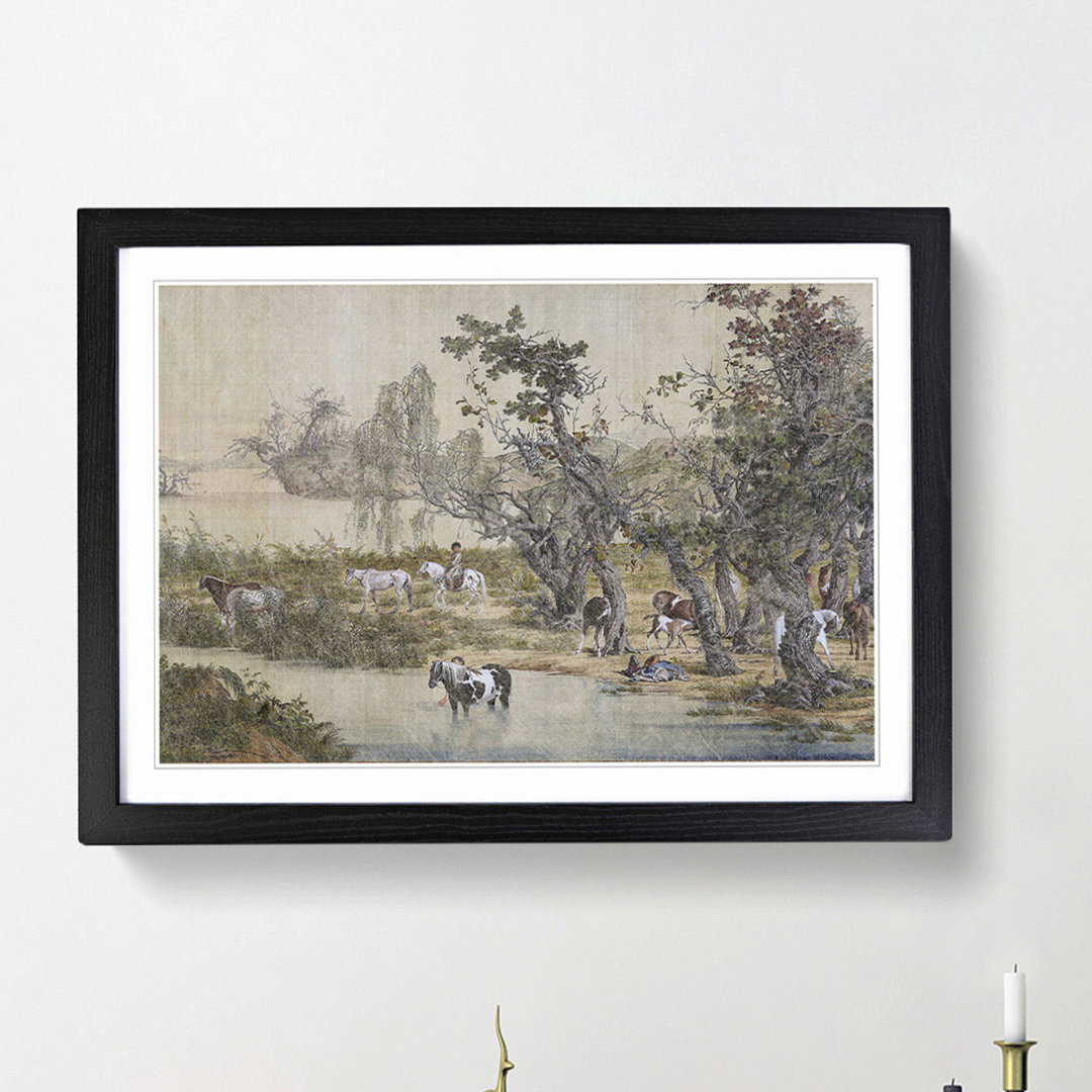 Horses by the Stream by Lang Shining - Framed Print