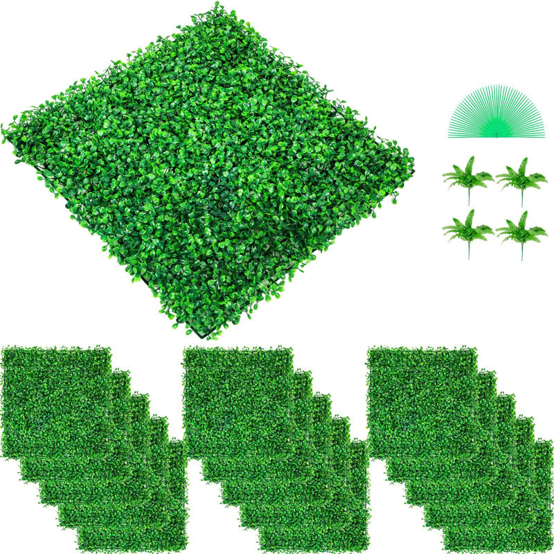 Artificial Boxwood Hedge Wall Panel - 10" x 10", PE/Plastic, 48 Pack, Green, UV Resistant