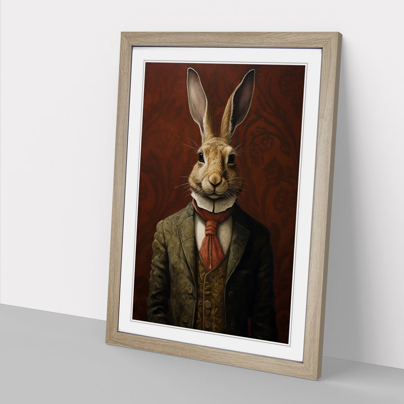 Hare Minimalism - Single Picture Frame Print on Wood, Oak Framed, 34cm H x 25cm W x 2cm D