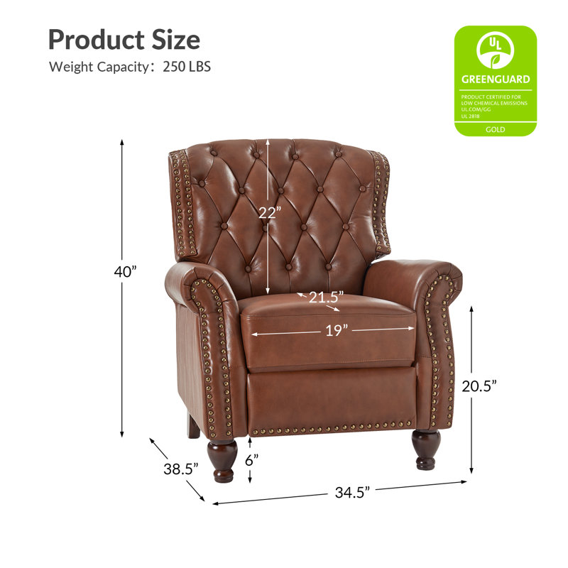 Fauteuil inclinable en cuir véritable manuel standard de 34,5 po de largeur Abruzzino, Cuir véritable brun