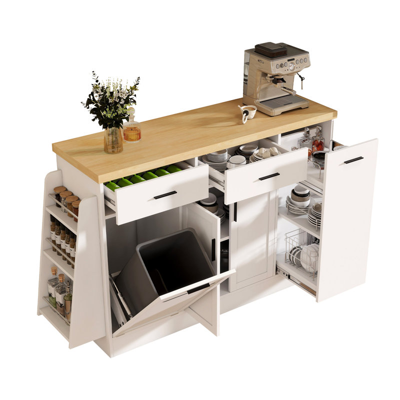 48.8" Kitchen Island Kitchen Cart on Wheels, Kitchen Bar Table with Tilt Out Trash Can Storage Cabinet, White