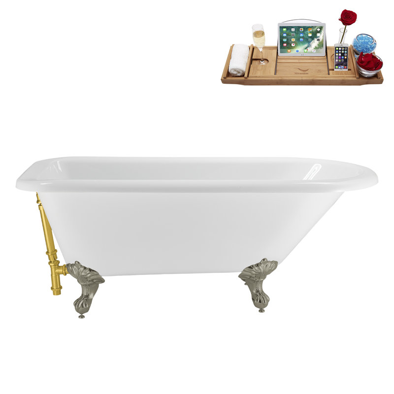 62" Streamline Clawfoot Tub,Tray,Drain, Clawfeet, Brushed Nickel, Polished Gold