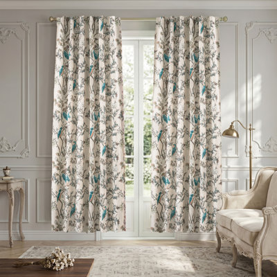 100% Blackout Vintage Floral Linen Curtains Double Layer Farmhouse Bird Flower Printed Pattern Thermal Insulated Drapes for Bedroom Living Room Back Tab 2 Panels