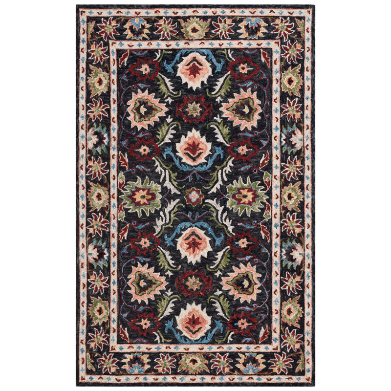 Saule Handtufted Wool Cotton Oriental Rug in Black/Ivory, Rectangle 6' x 9'