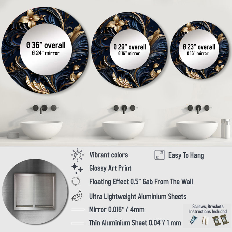 Roran Opulent Allure Deep Navy - miroir mural décoratif damassé, miroir rond Boho, impression sur métal, 36 po x 36 po