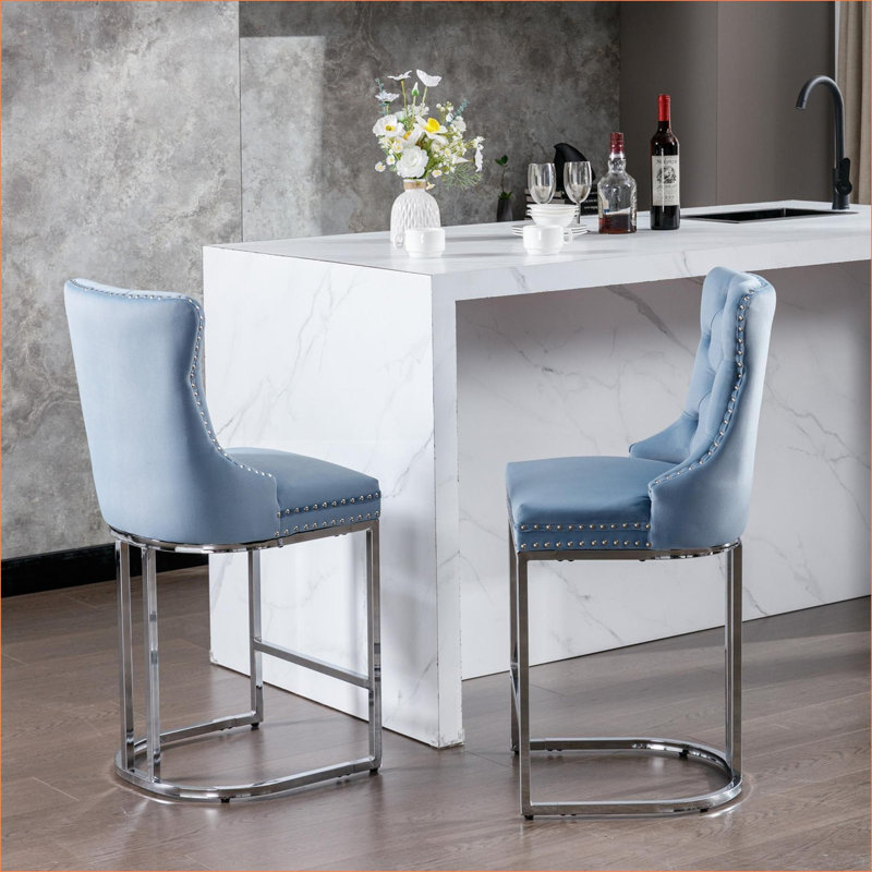 26" Counter Height Dining Chairs Set of 2 for Adults, Sky Blue Velvet Tufted Bar Stools with Chrome Silver Metal Base for Kitchen Island Home Bar