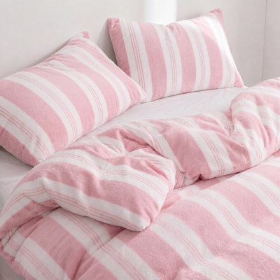 Ensemble de housse de couette à rayures rouges et crème pour grand lit, ensemble de literie à rayures velours moelleux doux, 3 pièces de literie douillette et chaleureuse avec 1 housse de couette et 2 taies d'oreiller, fermeture à glissière, 4 attaches de coin