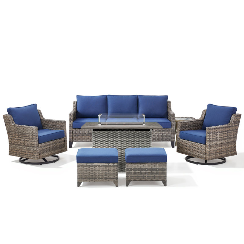 Maelie 7-Piece Outdoor Wicker Patio Fire Pit Conversation Set With Rectangle Fire Pit, Swivel Gliders, Ottomans And Side Table